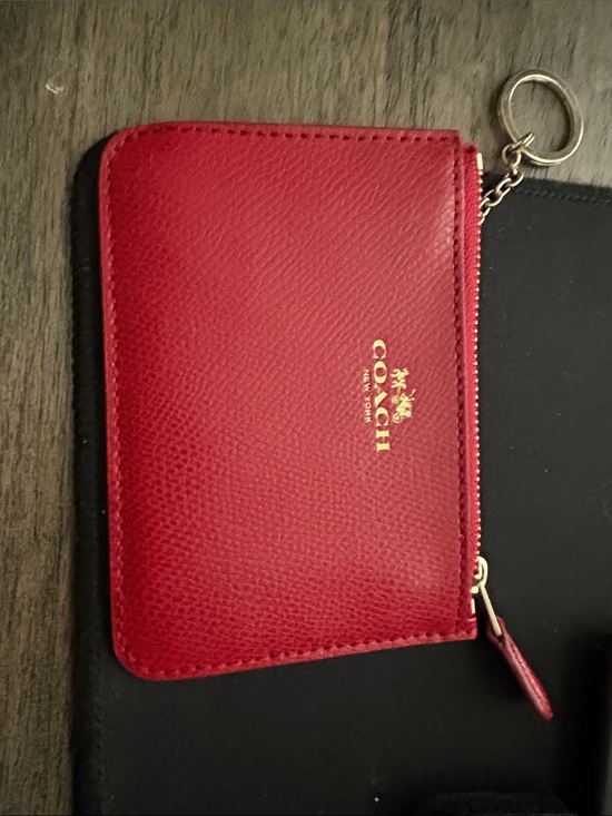 Coach Accessories - Coach Red Pebbled Leather Zip Card Pouch with Gold Key Ring